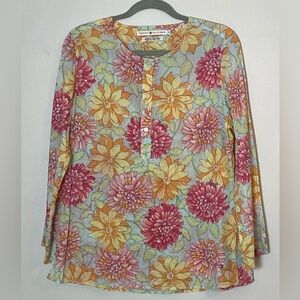 Tommy Hilfiger Floral Bell Sleeve Cotton Popover Tunic Size 12 Pinks Yellows